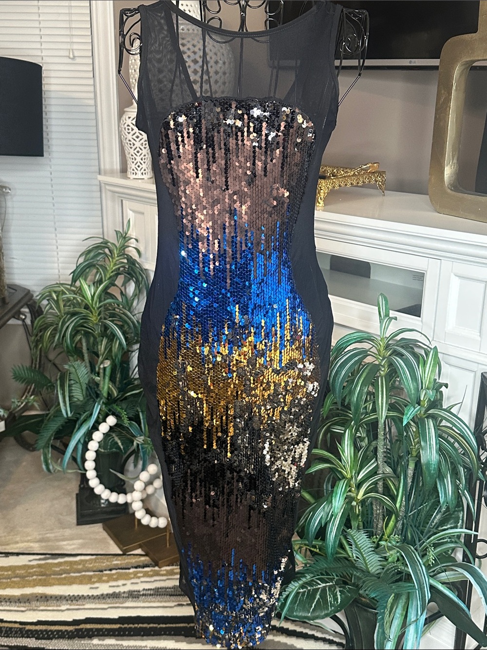 Black Sequin Ombre Midi Dress with Blue & Gold Accents